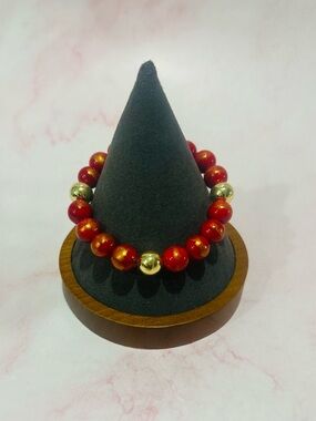 14K Gold plated Red Beaded Bracelet with 14k Gold filled Accents - unisex